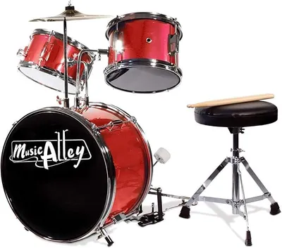 Produktbild von Kinderschlagzeug 3-teilig mit Hocker und Becken, Rot | Junior Schlagzeug für Kinder mit Bassdrum, Snare, Tom, Becken, Fußpedal, Hocker und Drumsticks für Anfänger