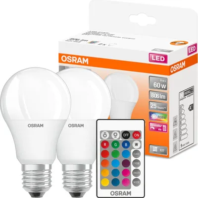 A product shot of OSRAM LED bulbs and a remote control, with packaging in the background.