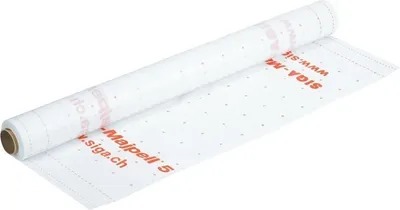 A roll of white vapor barrier film with red text and dots, on a white background.