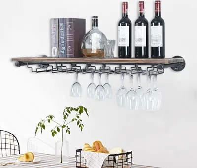 Image de Étagère à vin vintage, fixation murale, en fer et bois, porte-bouteilles, étagère suspendue, bar d'intérieur