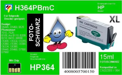 Produktbild von HP364PB - TiDis Ersatzpatrone - fotoschwarz - mit 15ml Inhalt ersetzt CB322EE/HP364PBXL