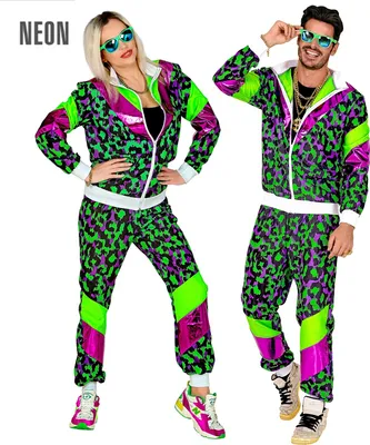 A man and a woman posing in matching neon animal print tracksuits.