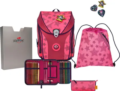 A set of school supplies including a backpack, pencil case, and drawstring bag, all with a star pattern.