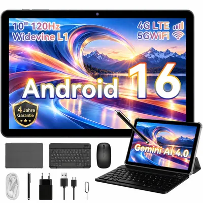 Zdjęcie produktu dla Tablet 2026 W80, 10.1", 120 Hz, 32+128GB/2TB, Android 16, 4G SIM + 5G Wi-Fi, Gemini 4.0, Widevine L1, bateria 6000 mAh, funkcja OTG, w zestawie: klawiatura, mysz, rysik, etui ochronne