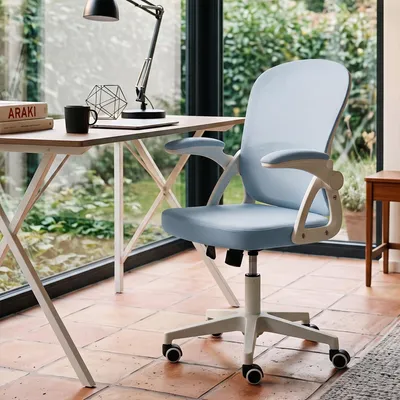 Image de Chaise de bureau ergonomique, dossier inclinable de 90 à 110°, accoudoirs pliables à 90°, réglable en hauteur, avec roulettes, couleur bleu, idéale pour le télétravail