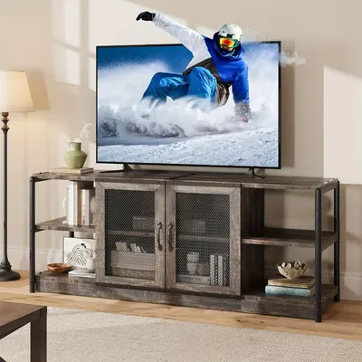 Image de Meuble TV – Console média industrielle avec des rangements et des portes en treillis pour le salon
