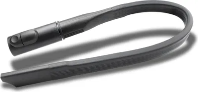 A dark gray, flexible crevice tool for a vacuum cleaner is shown diagonally against a white background.
