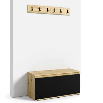 Produktbild von Schuhschrank 100 cm "Modulo" mit Wandhaken, Sitzbank, Flurmöbel, Artisan/Schwarz, moderne Schuhaufbewahrung, 2 Kleiderhaken
