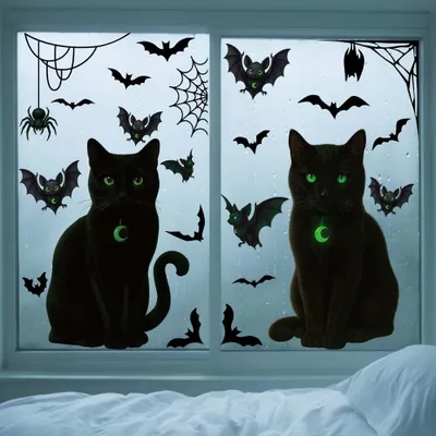 Obrázok produktu pre INF Statická samolepka na sklo s čiernou mačkou a netopierom – 2 ks, halloweenska dekorácia