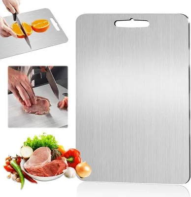 Productafbeelding van Ibenzoa® Dubbelzijdig snijplank van 304 roestvrij staal, 29×20 cm – hygiënisch & antibacterieel, gemakkelijk schoon te maken, met ophangoog
