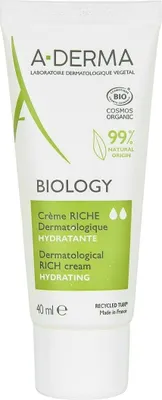A product shot of a tube of A-Derma BIOLOGY rich hydrating cream.