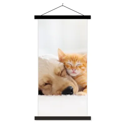 Produktbild von MuchoWow® Textilposter Tiere - Hund - Kätzchen - Rot 40x80 cm mit schwarzem Rahmen - Wandemalerei