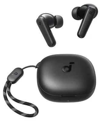 A pair of black wireless earbuds and their charging case are displayed against a white background.