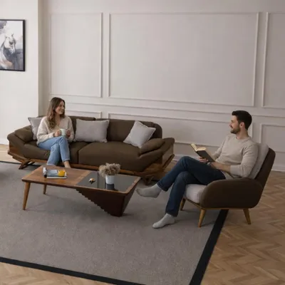 Image de Ensemble de salon moderne marron et gris, bergère design confortable en tissu