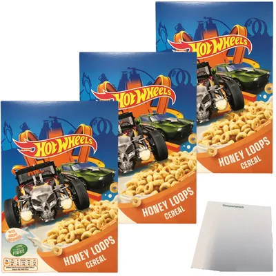 Produktbild von Hot Wheels Honey Loops Frühstückscerealien aus Vollkorngetreide mit Honig 3er Pack (3x375g Packung) + usy Block