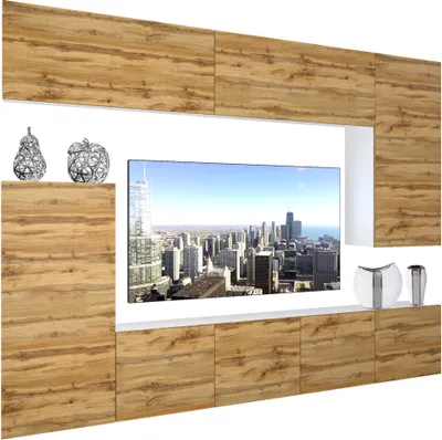 Produktbild von BELINI Wohnwand Vollausstattung Wohnzimmer-Set Moderne Schrankwand mit LED-Beleuchtung Weiß Glänzend Anbauwand TV-Schrank Wotan-Eiche Matt