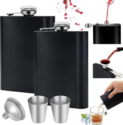 Productafbeelding van Famanu roestvrijstalen heupfles met trechter, 190 ml - Zwart