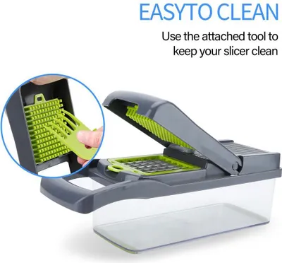 A kitchen vegetable slicer with a cleaning tool, shown with a close-up inset of the tool.
