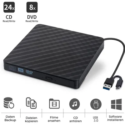 Produktbild von Externes CD DVD Laufwerk USB 3.0 Brenner Tragbarer DVD Player Reader Plug und Play für PC Laptop Windows 11 10 Mac OS Linux