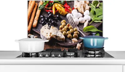 Produktbild von KitchenYeah®  Spritzschutz Küche - Küchenrückwand - Wandschutz für Herd und Spüle - Lebensmittel - Käse - Paprika 60x40 - Alu-Dibond (Alternative zum Spritzschutz aus Glas) - Hitzebeständig - Herdspri