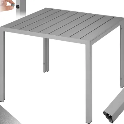 A square outdoor table made of aluminum and plastic.