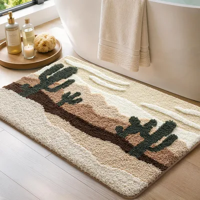 Produktbild von Badezimmerteppich, 50 x 80 cm, mit rutschfester Unterseite, weich und saugfähig, waschbar, beige mit Kakteenmuster
