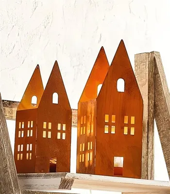 Produktbild von 2 Teelichthalter "Haus" aus Metall in Rost Optik mit Windlichtglas, Kerzenhalter, Windlicht, Tischdeko für Wohnzimmer, Balkon & Garten