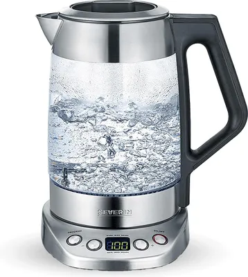 Produktbild von SEVERIN Glas Tee- und Wasserkocher Deluxe WK 3479  aus Edelstahl, gebürstetschwarzsilber Wasserkocher Wasserkocher Mit Temperatureinstellung Wasserkocher Edelstahl Wasserkocher Glas