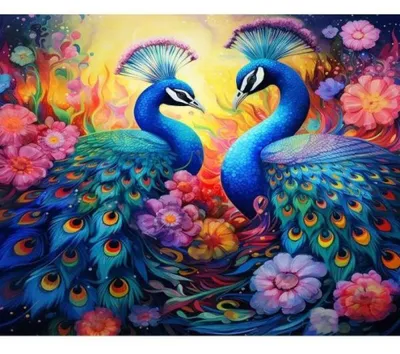 Zdjęcie produktu dla Mozaika diamentowa „Dwa pawie wśród kwiatów”, 30 x 40 cm, Kreative Diamanten