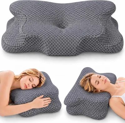 Obrázek produktu pro Polštář z paměťové pěny – ortopedický polštář – podpora krční páteře – tvar motýla – rozměry 62x40x13 cm – tmavě šedá barva