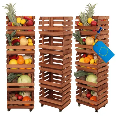 Produktbild von MODO24 Gemüseregal Holz, 5 Holzkisten, Kartoffelsteige, Obstregal, Rollenregal, Stapelbar, Vorratsregal, Massivholz Kiefer, 132x37x30 cm, Braun, RAWA