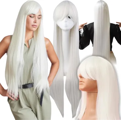 Produktbild von Lange weiße Perücke 100 cm Cosplay Anime Manga Haar glatt Pony Mütze