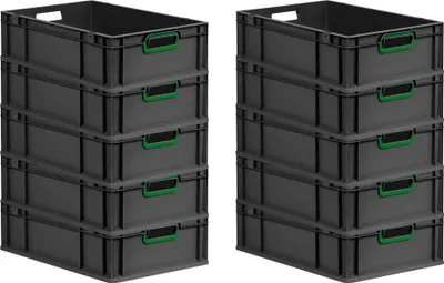 Produktbild von SparSet 10x Eurobox NextGen Color | HxBxT 17x40x60cm | 34 Liter | Griffe grün offen | Schwarz | Eurobehälter, Transportbox, Transportbehälter, Stapelbehälter