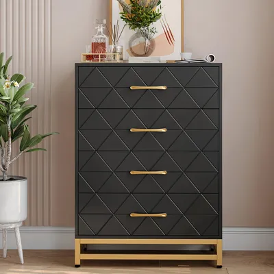 Produktbild von Nachttisch - Kleiderschrank - Aufbewahrungsschrank - Schrank, Schwarz - 4 Schubladen - Massivholz & Metall