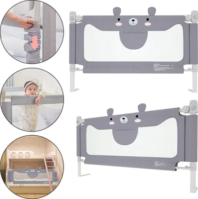 Collage showing a baby bed rail, its installation, and its use on a bunk bed.