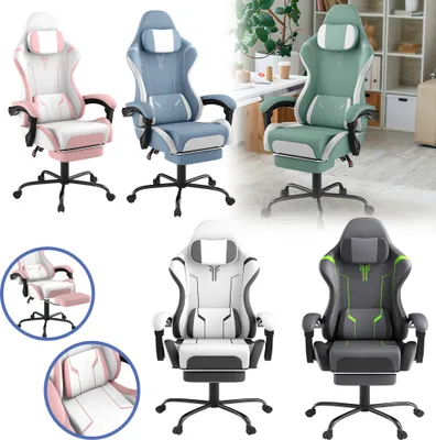 A collage of different colored gaming chairs, some shown in detail and others in a room setting.