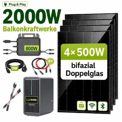 Produktbild von 2000W Balkonkraftwerk mit Speicher 2,24kWh, 4×500W bifaziale Doppelglas Solarmodule, MARSTEK B2500-D, 800W Mikro-Wechselrichter, 5m Kabel, Plug & Play