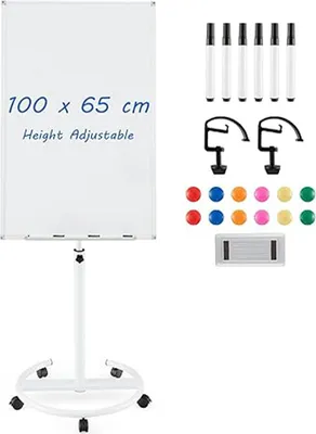 Obrázek produktu pro Flipchart 100 × 65 cm, mobilní tabule na kolečkách, výškově nastavitelná a magnetická, se zásobníkem na pera, 1 gumou, 6 fixy, 12 magnety a 2 klipy