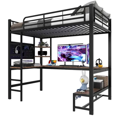 Produktbild von Hochbett mit Eckschreibtisch, LED-Streifen, Regal und USB+Typ-C, 90x200 cm, Metallbett mit Rausfallschutz