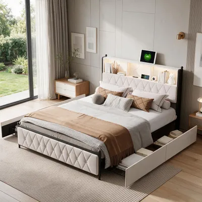Produktbild von INONEFT Polsterbett 180x200 cm mit LED Beleuchtung, Type-C und USB Anschlüsse, Doppelbett mit 3 Kopfteil stauraum, 4 Schubladen, Samt, Beige