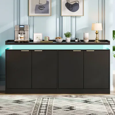 Produktbild von Flieks Sideboard mit 4 Türen, LED-Beleuchtung und viel Stauraum für Esszimmer und Wohnzimmer, Küchenschrank, Standschrank 160x39x83cm, Schwarz