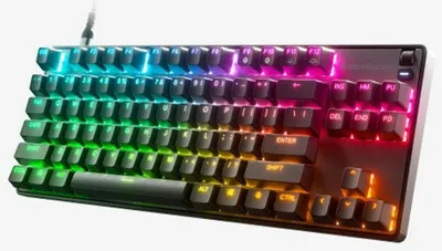 A gaming keyboard with RGB lighting.