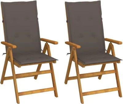 Produktbild von 2 klappbare Garten-Liegestühle aus massivem Akazienholz mit Kissen, 5-fach verstellbar und wetterfest, mit taupefarbener Polsterauflage für Balkon, Terrasse und Außenbereich