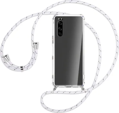 Produktbild von Handykette Backcover-Schutzhülle mit Band (Metall silberfarben) für Sony Xperia 5 - weiß/grau
