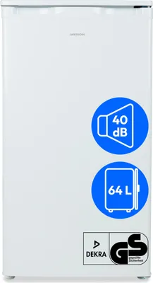 A white Medion freezer is shown against a white background. There are two blue circular overlays on the front of the freezer, one indicating 40 dB and the other 64 L. Below these, there is a DEKRA GS certified logo.