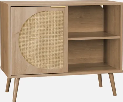 A light brown wooden sideboard with a rattan-covered door and open shelving, displayed against a white background.