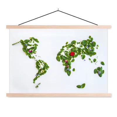 Produktbild von MuchoWow® Textilposter Weltkarte - Blumen - Farben 120x80 cm mit holzfarbenen Rahmen - Aufhängeset