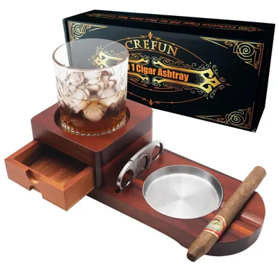 Immagine prodotto di Portacenere per sigari con portabicchieri per whisky, in legno di acacia, completo di taglia sigari e cassetto