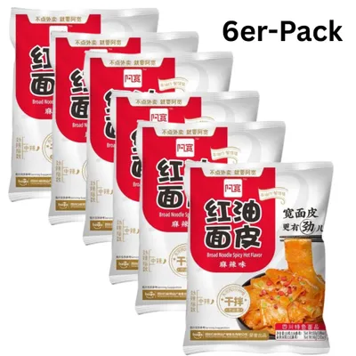 Produktbild von 6er-Pack BAIJIA A-Kuan Breite Nudeln Bandnudeln Hot & Spicy 110g