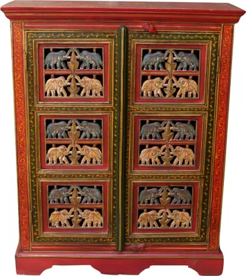 Produktbild von Bemalter Elefantenschrank, Beistellschrank, Kommode mit Schnitzerei - Modell 3, Rot, Holz, 96*78*33 cm, Kommoden & Sideboards